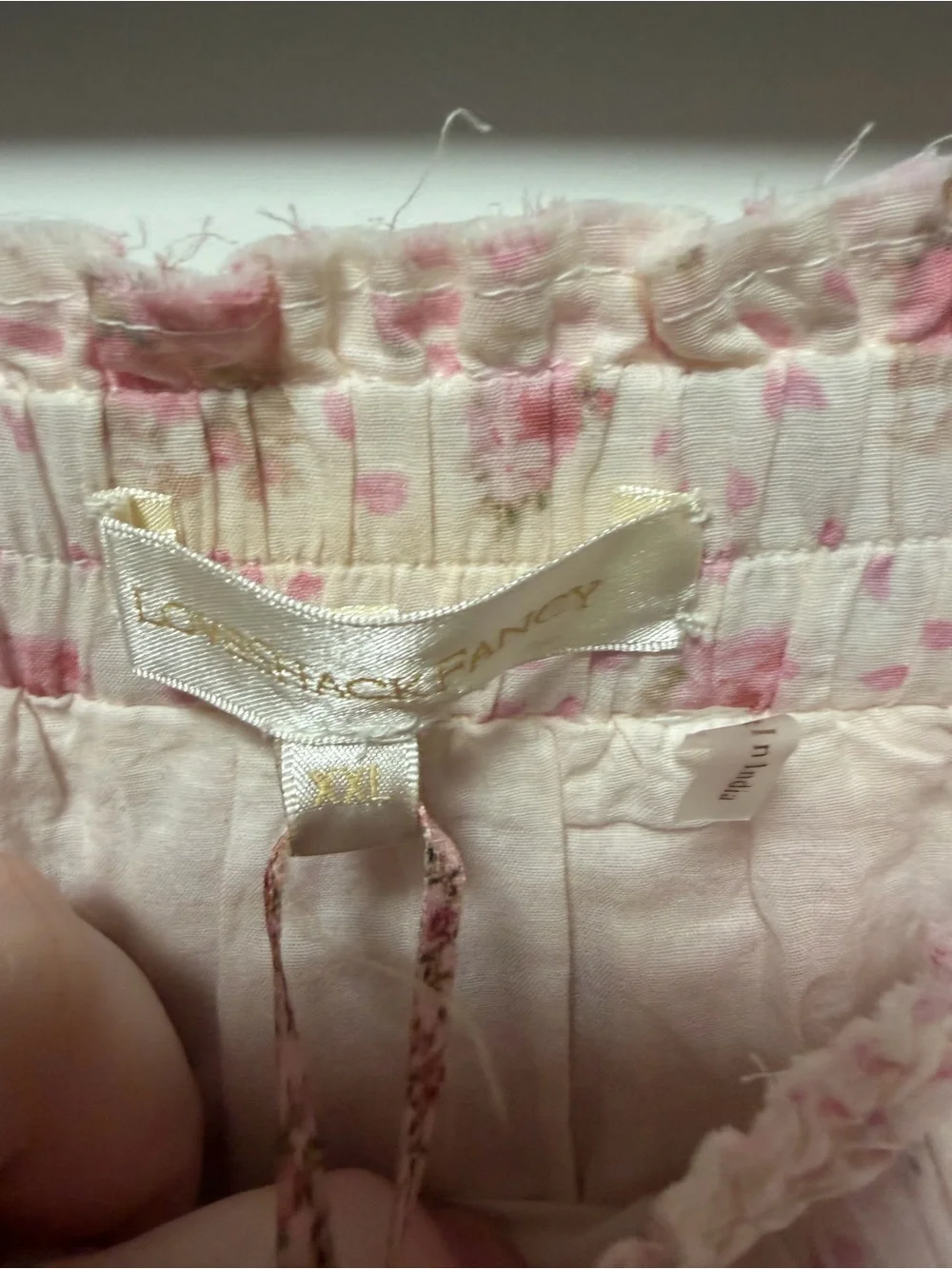 LoveShackFancy Pale Pink Floral Tiered Lace Mini Skirt